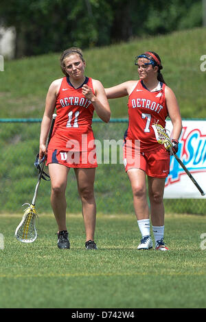 April 28, 2013: Detroit Titans defender Britany Busch (11) and Detroit Titans attack Michaela Schwartz (7) react after NCAA Women's Lacrosse ASUN Championship game action between the Detroit Mercy Titans and the Jacksonville Dolphins. Jacksonville defeated Detroit Mercy 22-8 at Southern Oaks Stadium in Jacksonville, FL Stock Photo