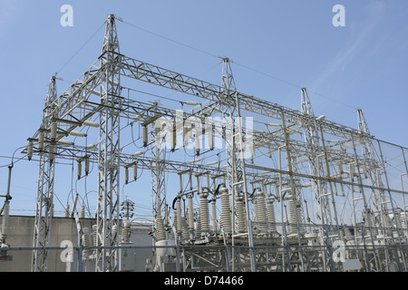 Electric power transformation substation with blue sky Stock Photo