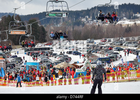 Lips, the Czech Republic, chair lift and parking in the ski resort Lipno in the Bohemian Forest Stock Photo