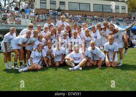 April 28, 2013: Jacksonville women's lacrosse team poses after winning the inaugural Atlantic Sun Tournament Championship between the Detroit Mercy Titans and the Jacksonville Dolphins. Jacksonville defeated Detroit Mercy 22-8 at Southern Oaks Stadium in Jacksonville, FL Stock Photo