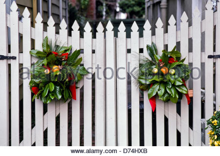 christmas decorations of greenery wreaths decorate on white picket fence gate portsmouth virginia - Christmas Fence Decorations christmas decorations of greenery wreaths decorate on white picket fence gate portsmouth virginia - Christmas Fence Decorations
