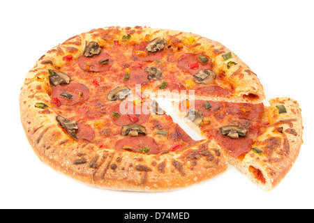 Whole pepperoni pizza top view with a slice cut Stock Photo