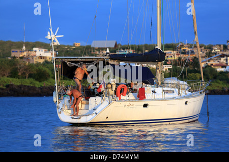 Private yacht moored in Puerto Baquerizo Moreno, Galapagos Islands Stock Photo