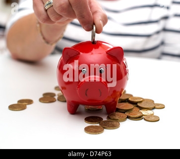 female hand putting euro in money pig Stock Photo