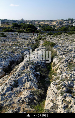 Prehistoric cart ruts in Misrah Ghar il Kbir also known as Clapham Junction near Dingli cliffs in Malta Stock Photo