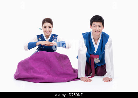 a couple in Korean tradition costume bowing Stock Photo
