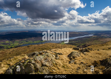 Beautiful views looking over to Coniston Water from Wetherlam Stock Photo