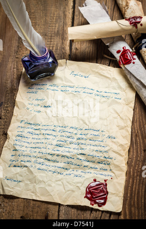 Old letter written bird pen and sealed sealant Stock Photo