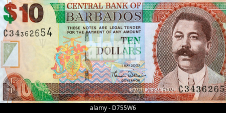 Barbados 10 Ten Dollar Bank Note Stock Photo