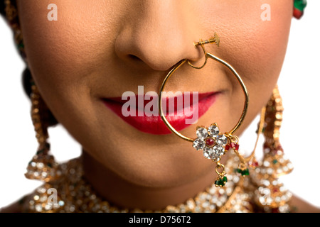 Close-up of an Indian bride in wearing nose ring Stock Photo
