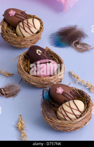 Set of three paired mini chocolate Easter eggs set in natural straw nests decorated with real feathers on a baby blue background Stock Photo