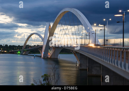 Juscelino Kubitschek Bridge in Brasilia, Brazil at sunset Stock Photo