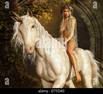 a maiden riding a unicorn in the fairy forest Stock Photo