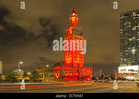 Freedom Tower and light streaks, Miami, Florida USA Stock Photo