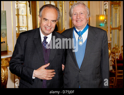 French Minister of Culture, Frederic Mitterrand and Claude Rich at a ceremony honoring actors Claude Rich, Michel Duchaussoy, Stock Photo