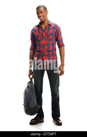 Young African American student holding backpack isolated over white background Stock Photo