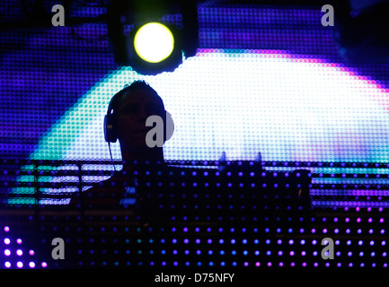 Dutch musician DJ Tiesto performs during a live event in the Spanish Balearic island of Ibiza. Stock Photo