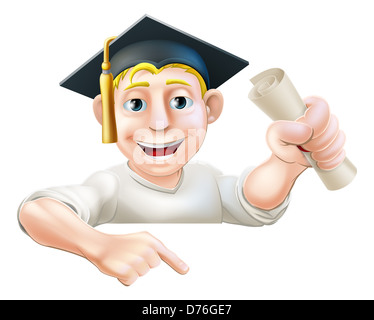 An illustration of a man in graduate mortar board hat holding a scroll certificate, diploma or other qualification pointing down Stock Photo