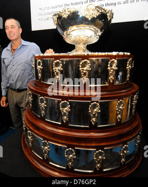 Tennis player Ivan Lendl unveiled tennis trophy Davis Cup at the exhibition of Alfons Mucha posters from the Lendl´s collection in Prague, Czech Republic, April 29, 2013. (CTK Photo/Stanislav Zbynek) Stock Photo