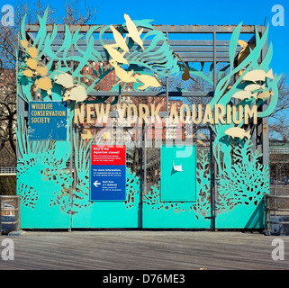 A general view of the sign for the New York Aquarium in Coney Island, New York. Stock Photo