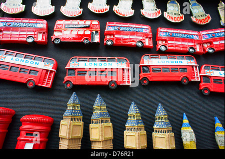 London, England tourist holiday souvenirs fridge magnet badges. Red bus, telephone box kiosk and Big Ben Stock Photo