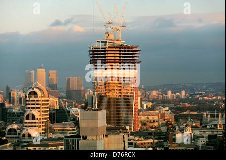 City of London skyline looking east. 20 Fenchurch Street, the Walkie-Talkie, showing core construction technique. December 2012 Stock Photo