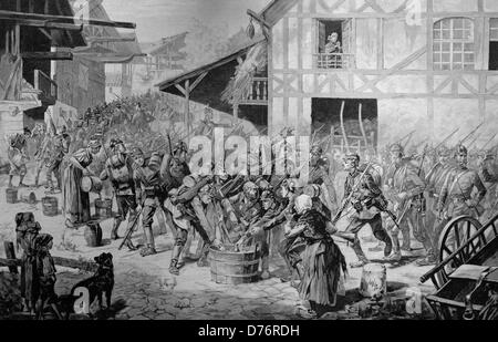 Prussian troops go to war and get water in a village, woodcut circa 1871 Stock Photo