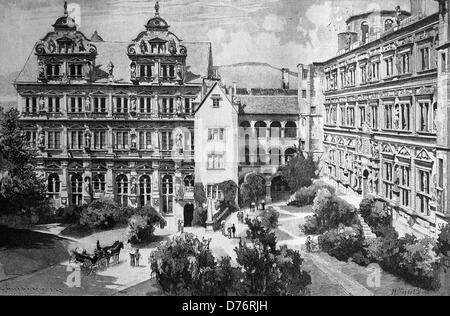 The courtyard of Heidelberg Castle, Heidelberg, Baden-Wuerttemberg, Germany, woodcut circa 1871 Stock Photo