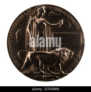 Dead man's penny, or Widow's penny or Memorial Death Plaque Inscribed 'he died for freedom and honour' Stock Photo