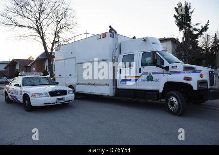 TORONTO, CA., 22 Apr 2013 -A RCMP command post sits outside the home of one of the Toronto terrorism suspects. RCMP and Toronto Police searched the Cherokee Blvd. home of terrorism suspect Raed Jaser.  Royal Canadian Mounted Police have announced the arrest to two men from Toronto and Montreal that were engaged in an  Al-Qaeda supported plot to derail a VIA Rail passenger train. Stock Photo