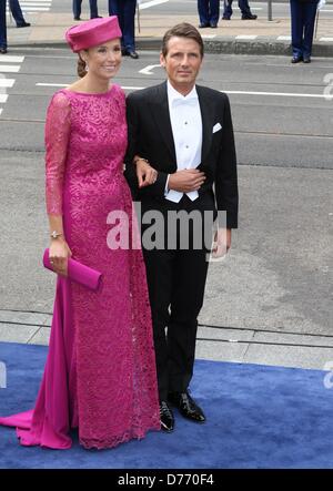 Amsterdam, Netherlands. 30th April 2013. Princess Marilene van Oranje-Nassau van Vollenhoven and Prince Maurits of The  arrive at the  Nieuwe Kerk in Amsterdam, , where the investiture of the new king takes place. During the investiture the new king is confirmed in office and swears to be faithful to the constitution and to faithfully discharge the duties of his office. Photo: Patrick van Katwijk /  / Alamy Live News Stock Photo