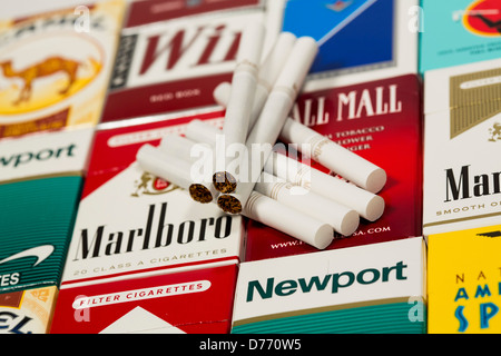 Various packs of cigarettes. Marlboro, Pall Mall, Winston, Camel Stock ...