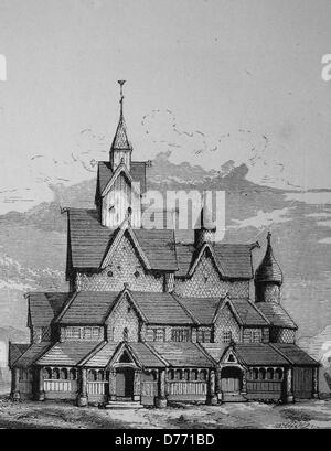 Hiterdal stave church, Norway, historical woodcut, 1870 Stock Photo