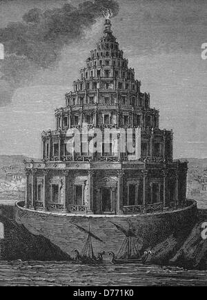 Lighthouse of Pharos, one of the seven wonders of the ancient world, Alexandria, Egypt, historical woodcut, circa 1870