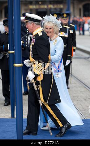 Amsterdam, Netherlands. 30th April 2013. Britain's Prince Charles, Prince of Wales and Britain's Duchess of Cornwall, Camilla,   leave the Nieuwe Kerk in Amsterdam, , where the investiture of the new king took place. Photo: Albert Nieboer /  / Alamy Live News Stock Photo