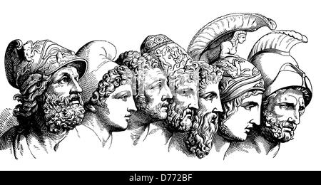 Heroes of the trojan war: Menelaos, Paris, Diomedes, Odysseus, Nestor, Achilles, Agamemnon Stock Photo