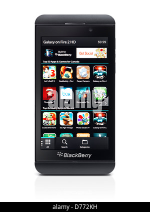 Blackberry Z10 smartphone with Blackberry World app store on its display. Black phone isolated on white background Stock Photo