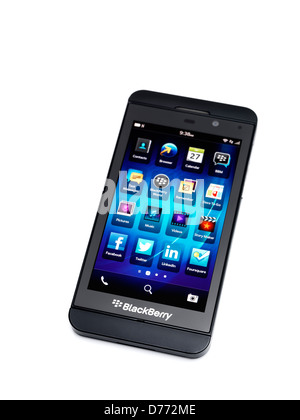 Blackberry Z10 smartphone. Black phone isolated on white background Stock Photo