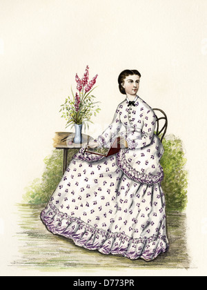 French fashion from the Victorian era dated 1870. Original watercolour painting artist unknown Stock Photo