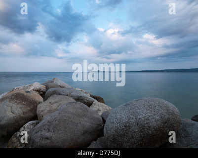 Toscolano-Maderno, Italy, fruehmorgendlicher view from the beach on the lake Stock Photo