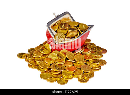 Old red purse with golden coins isolated on white background Stock Photo