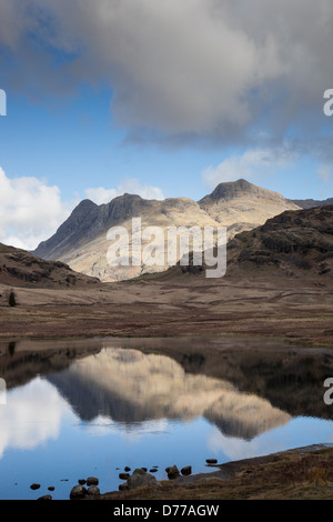 The Langdale Pikes reflected in Blea Tarn, near Langdale, Lake District, Cumbria Stock Photo