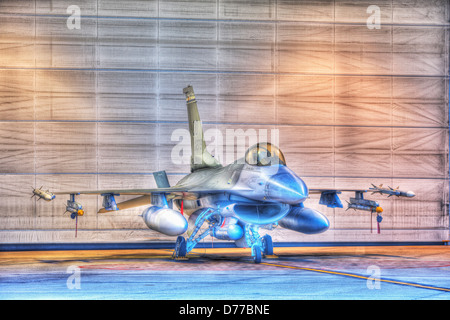 F-16 Alert Jet in Hangar Loaded Live Weapons High Dynamic Range or HDR Image Stock Photo