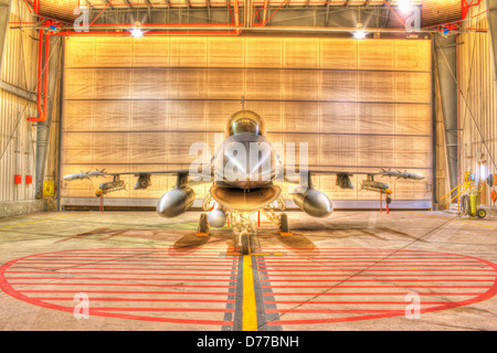 F-16 Alert Jet in Hangar Loaded Live Weapons High Dynamic Range or HDR Image Stock Photo