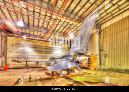 F-16 Alert Jet in Hangar Loaded Live Weapons Rear View High Dynamic Range or HDR Image Stock Photo