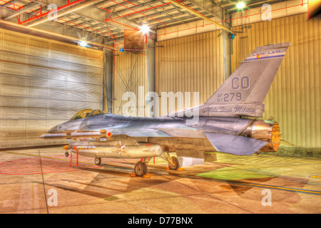 F-16 Alert Jet in Hangar Loaded Live Weapons Rear View High Dynamic Range or HDR Image Stock Photo