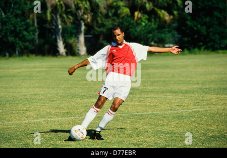 Soccer player alone with ball, shot on goal,   Miami Stock Photo