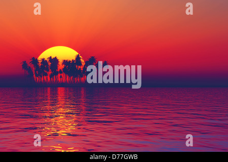 silhouette of island in tropical tranquil sea with Palm trees and big red sun set rays behind them Stock Photo