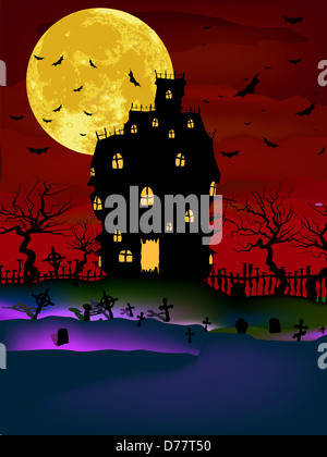 Haunted House on a Graveyard hill at night with full moon. Stock Photo