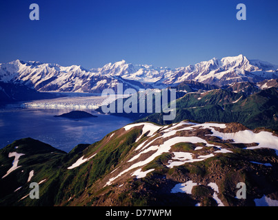 Aerial view Disenchantment Bay Hubbard Glacier Mount Foresta Mount Hubbard Mount Seattle beyond Tongass National Forest Stock Photo